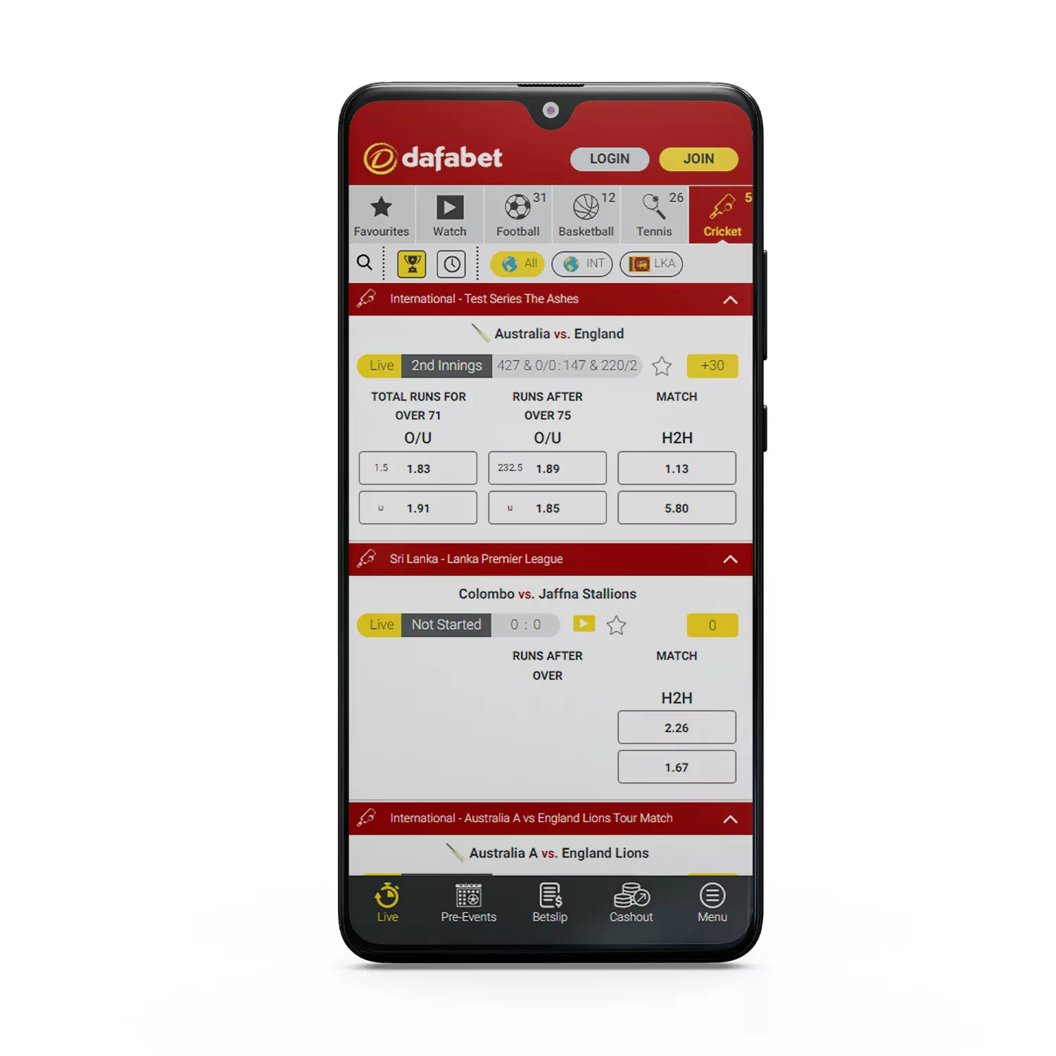 To place bets online from anywhere, download the Dafabet app for your device.