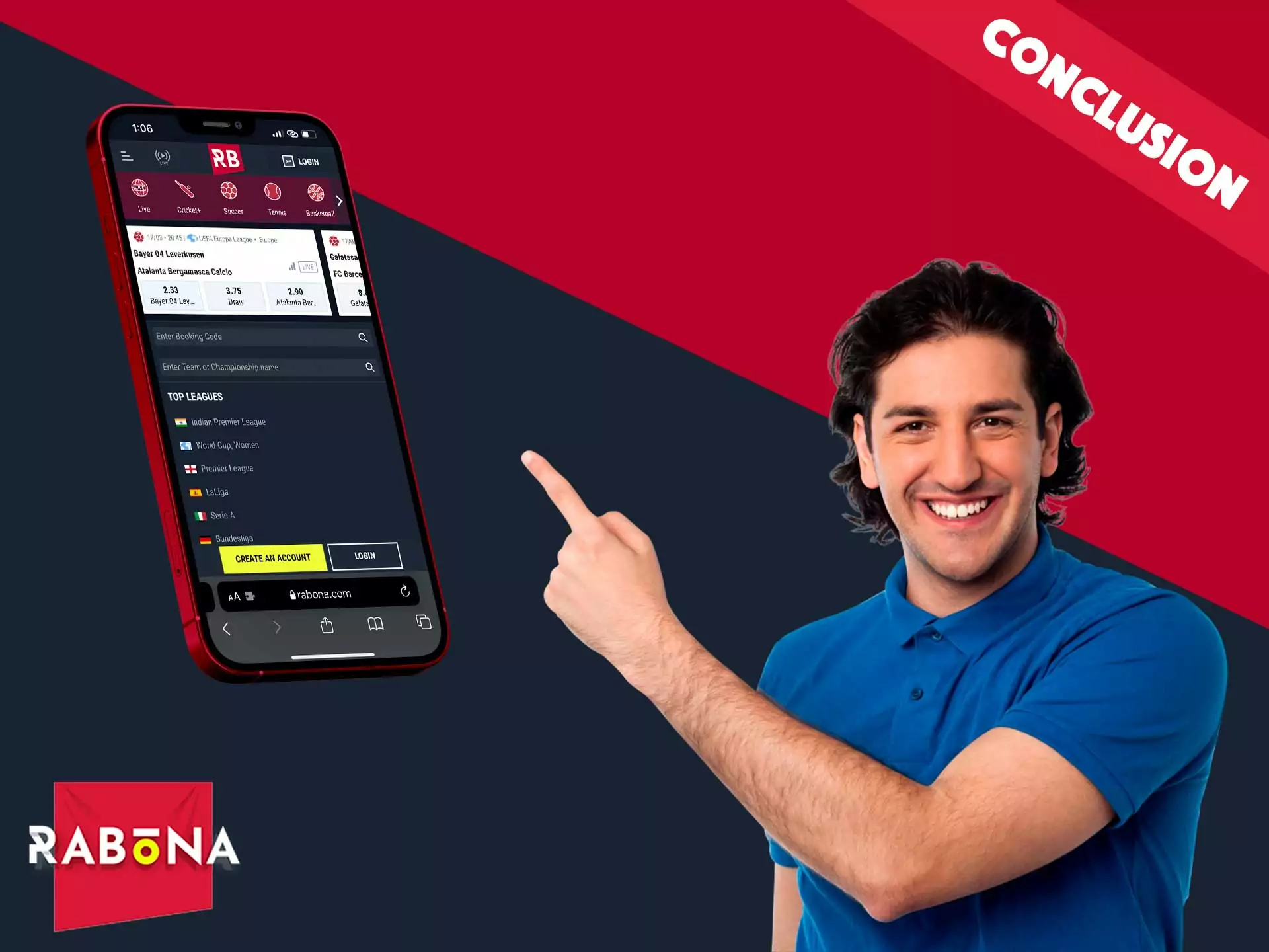 The mobile version of Rabona complements the regular one, the functionality allows you to place bets, play in the casino and receive various types of bonuses.