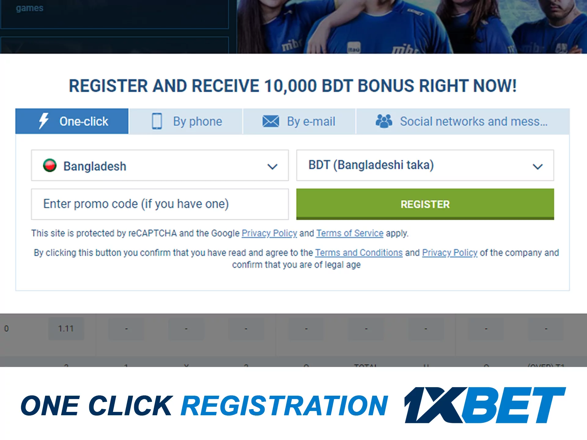You can registrate at 1xbet with one click.