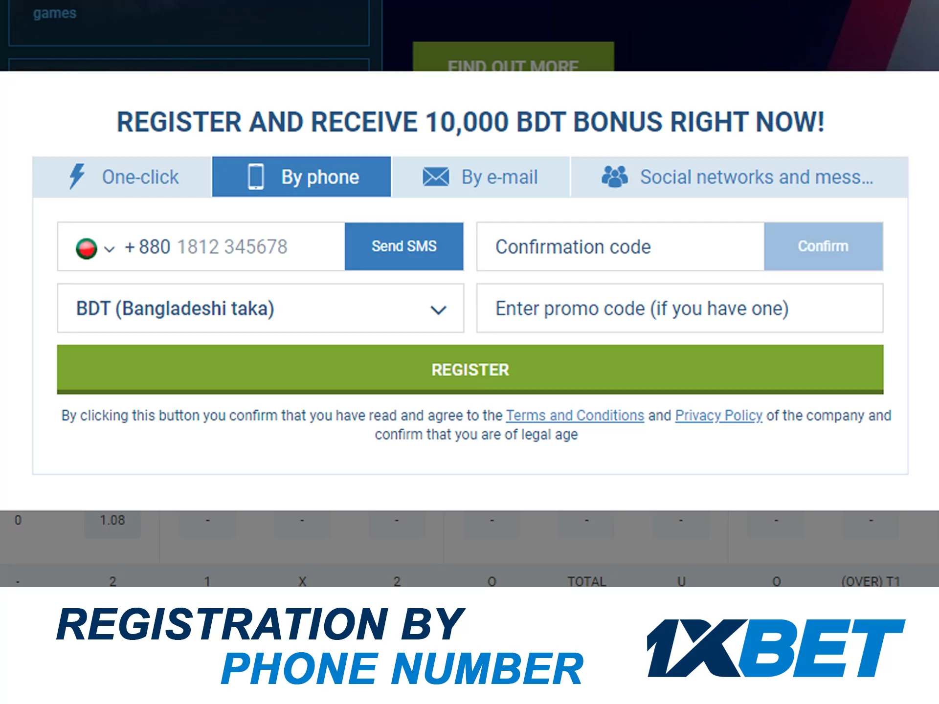 Registrate at 1xbet using your mobile phone.