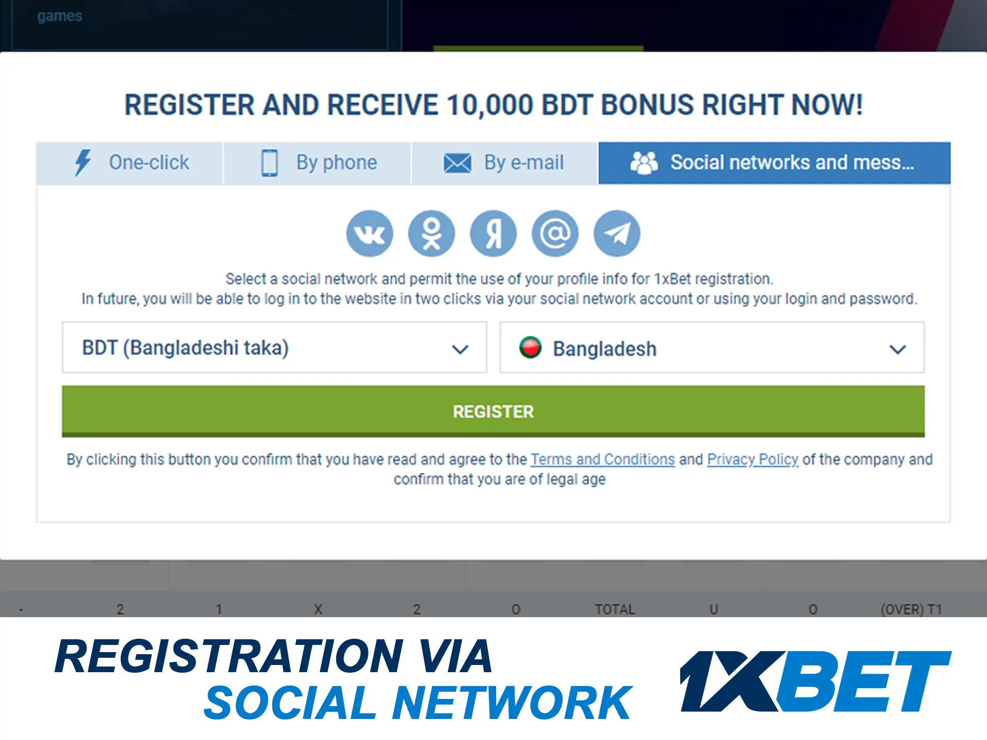 Use social networks for quick registration at 1xbet.