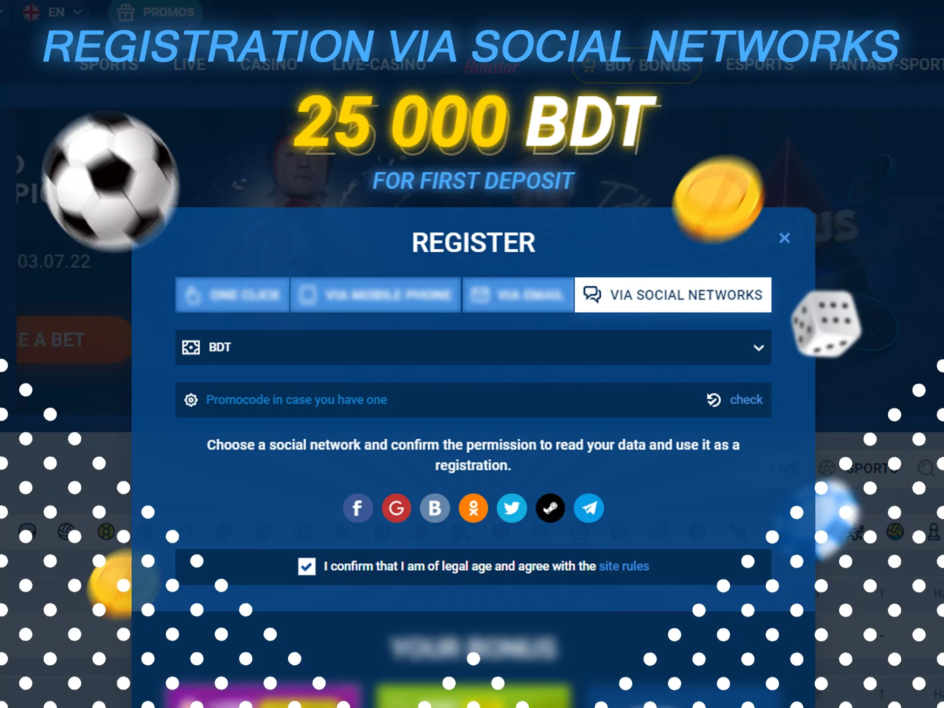 Use your social networks for registrate at Mostbet.
