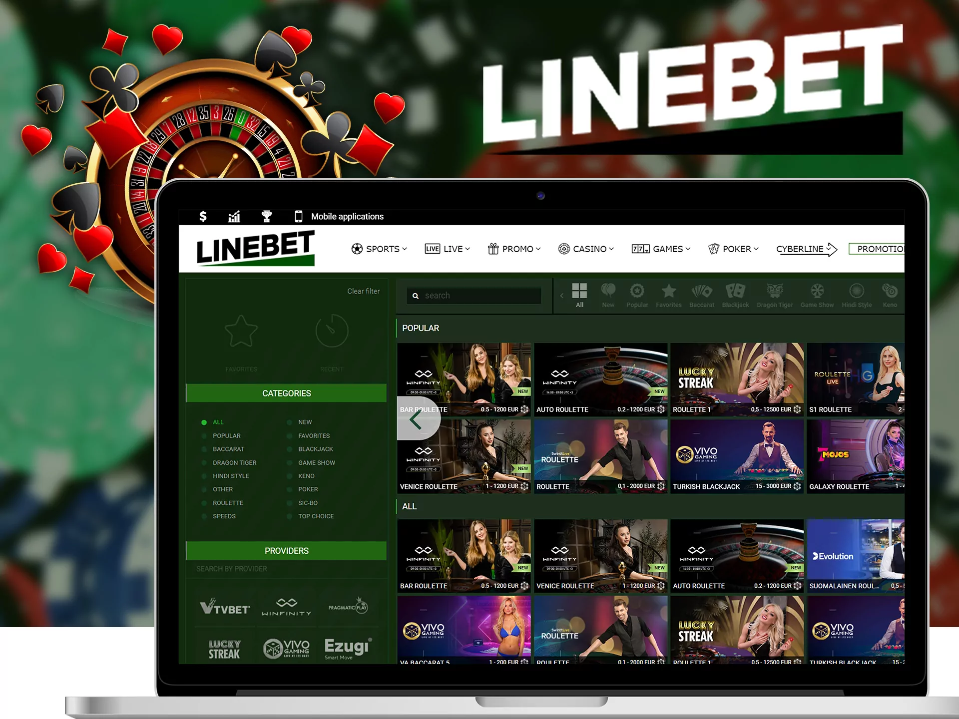 Play various casino games at Linebet.