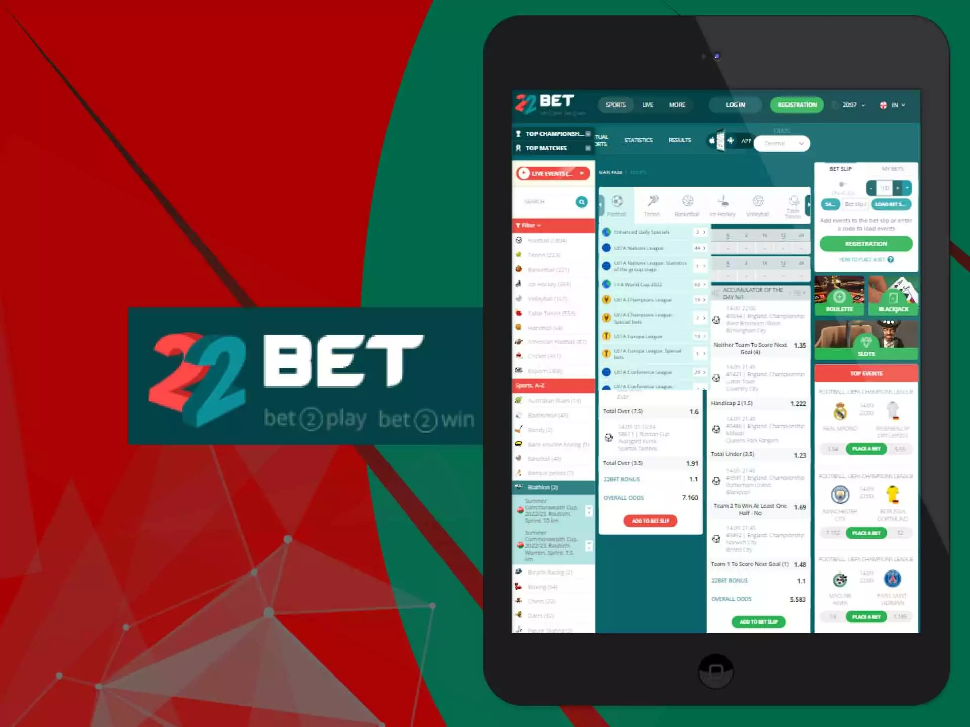 You can place total bets in the 22Bet app.