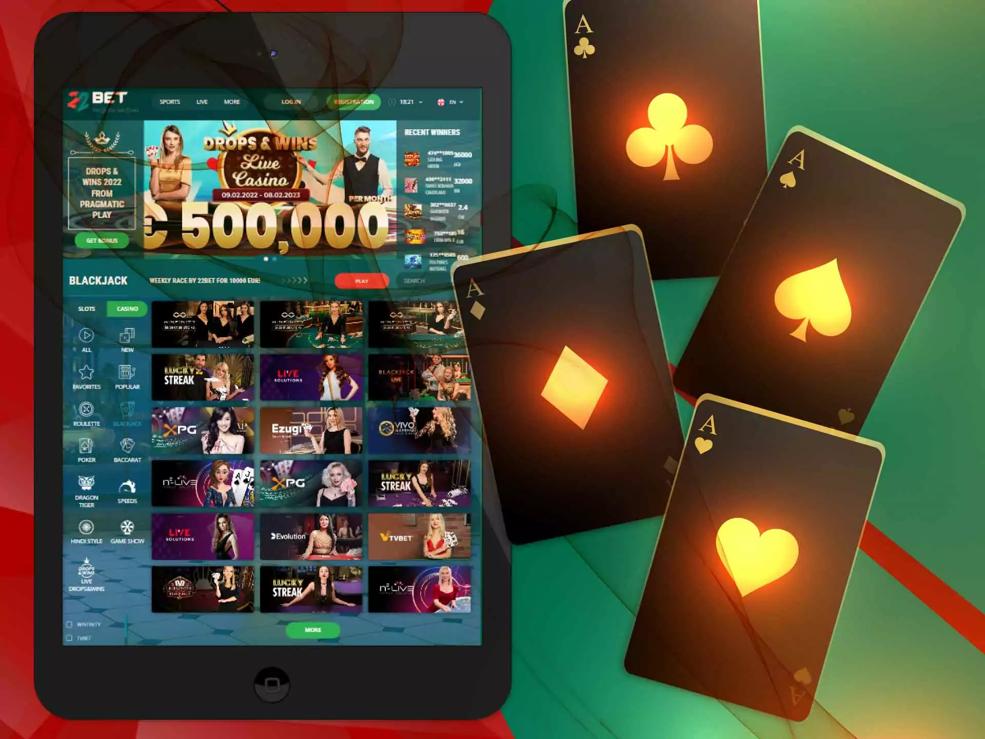 There are various blackjack games in the 22Bet casino.