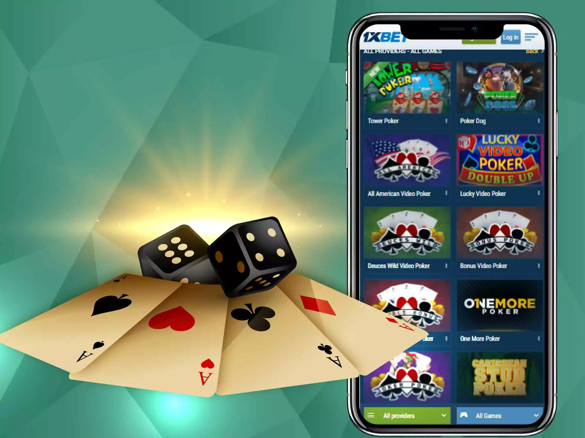 Play different types of poker games at 1xBet.