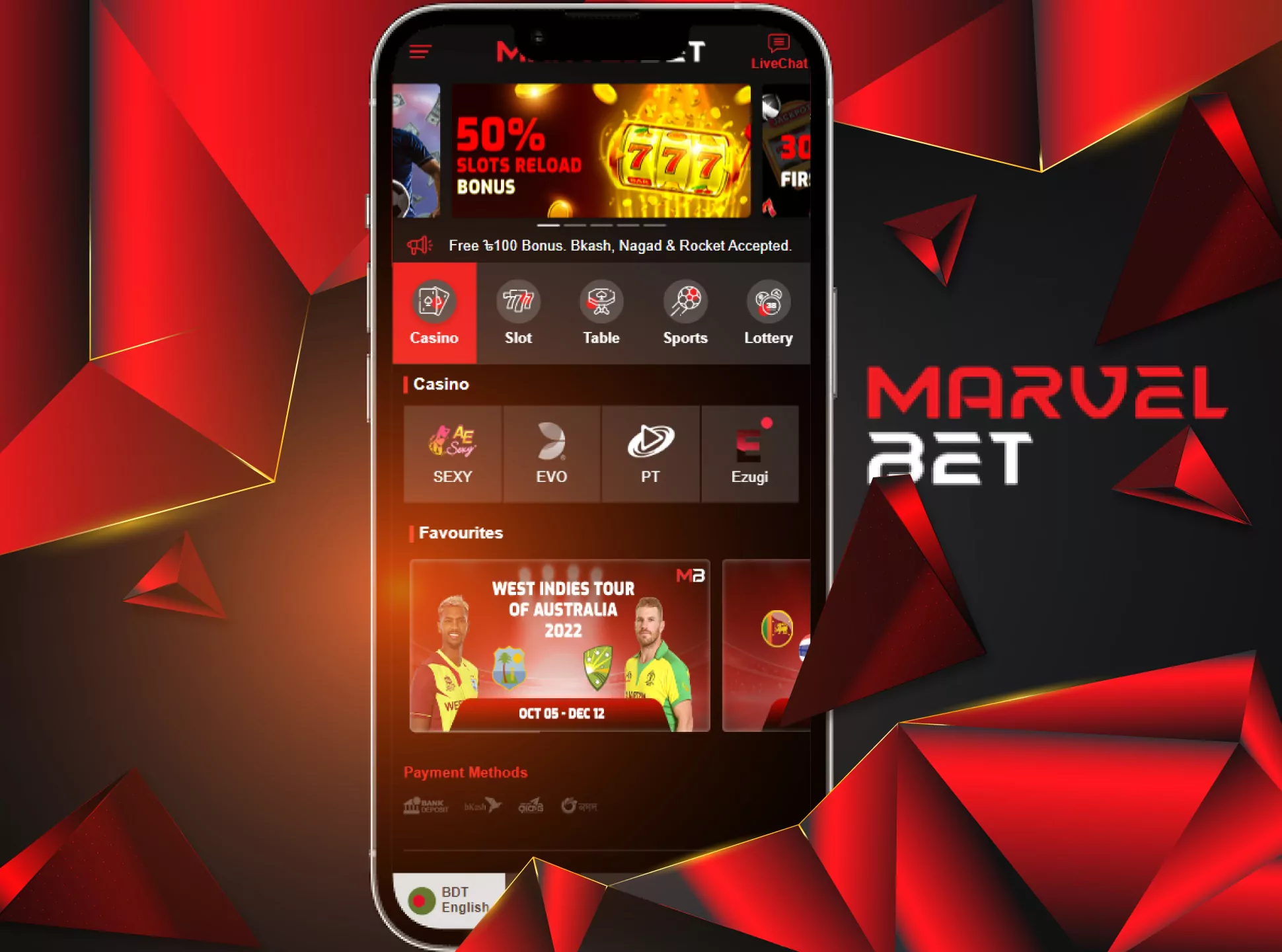 MarvelBet also has an online casino in its app.