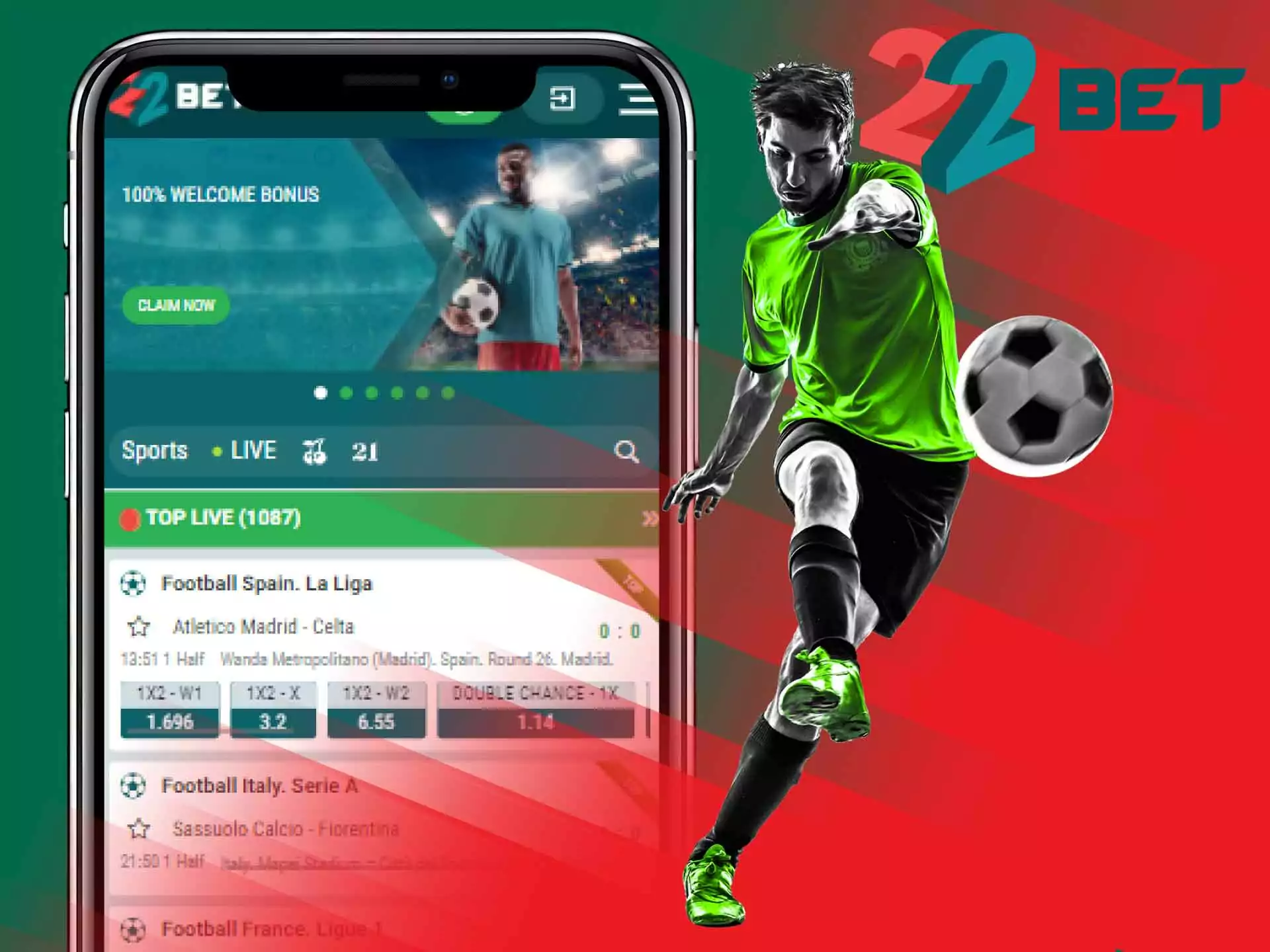Place bets on football in the 22bet sportsbook.