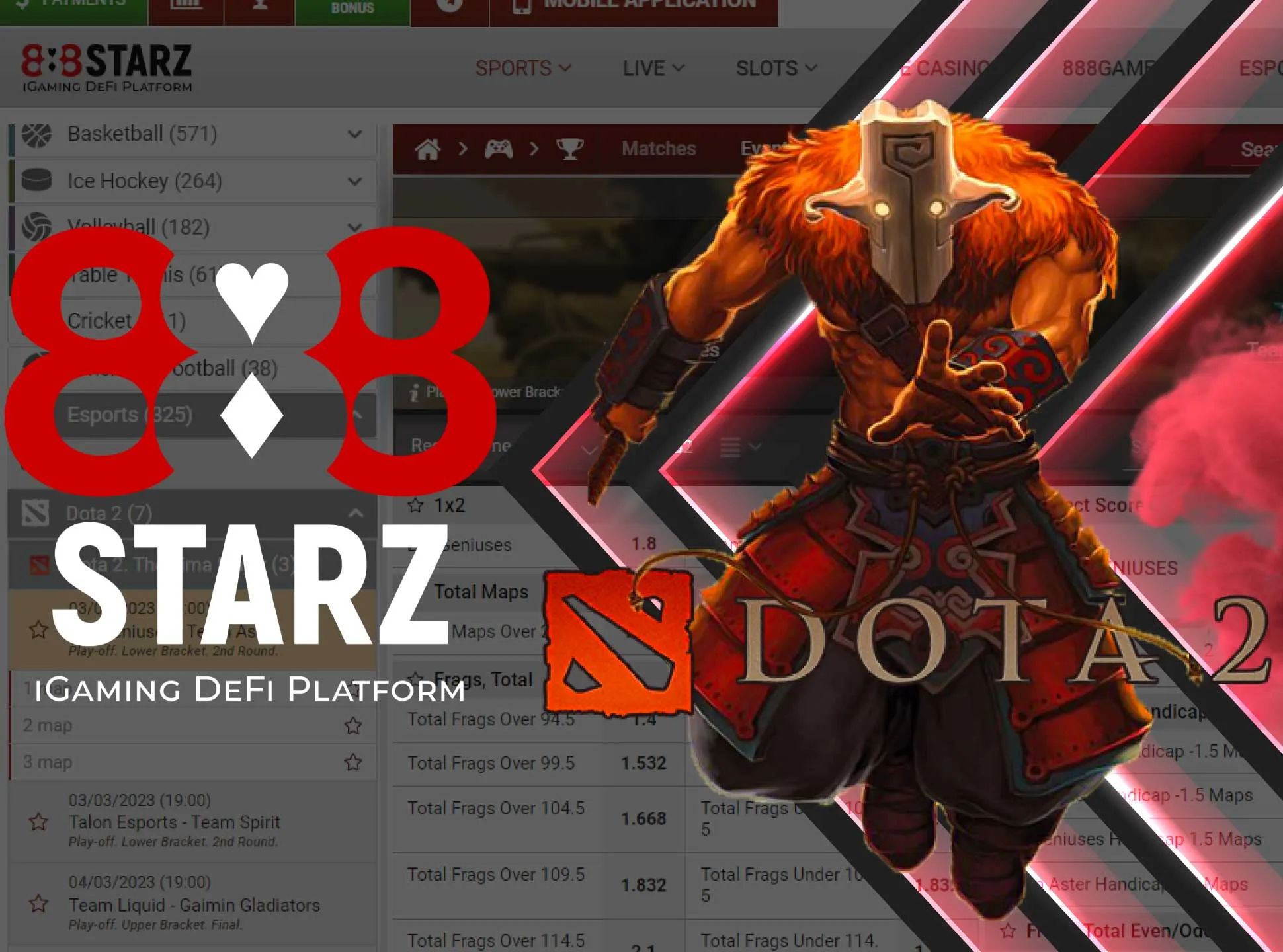 On 888starz you will find a different DOTA 2 competitions to bet on.