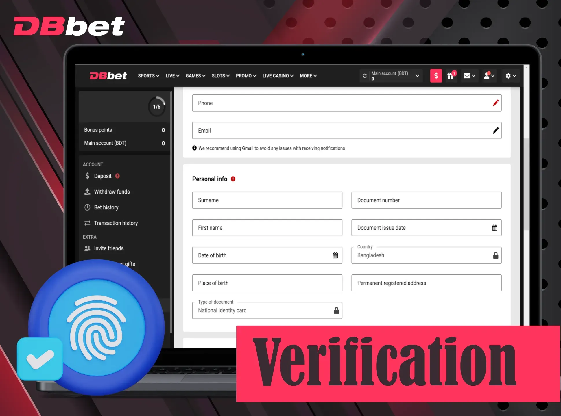 Verify your DBbet account by providing required data.