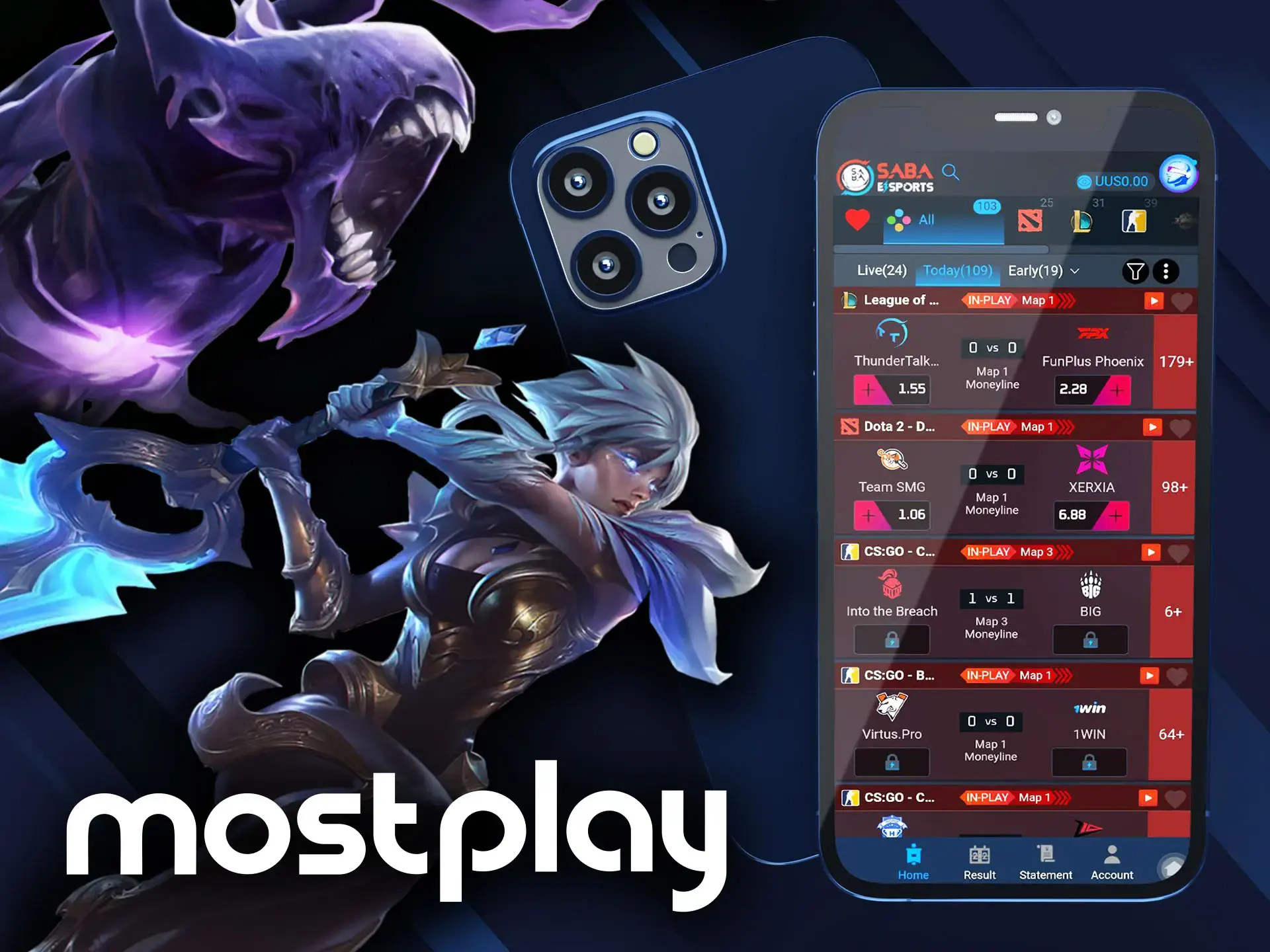 Bet on various esports in Mostplay app.