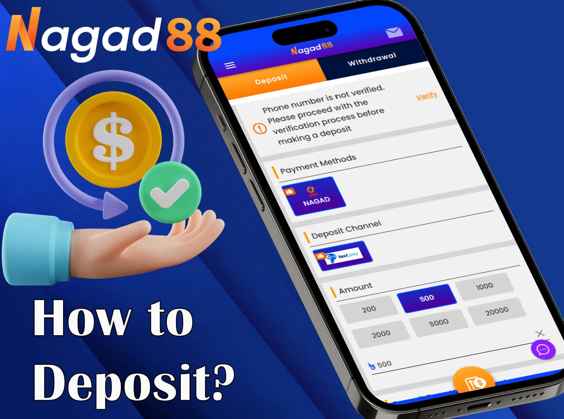 Log in to your Nagad88 account and make a deposit in BDT.