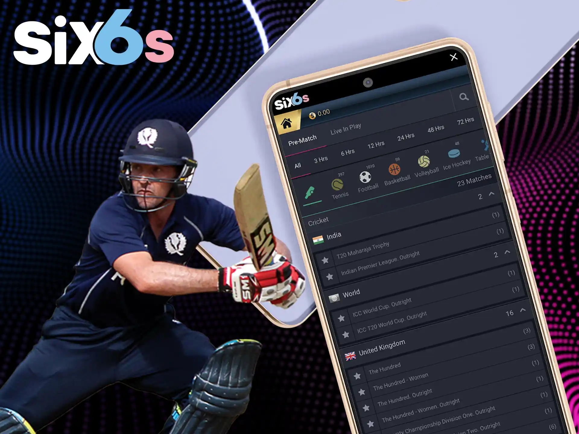 Bet on cricket on the Six6s app.