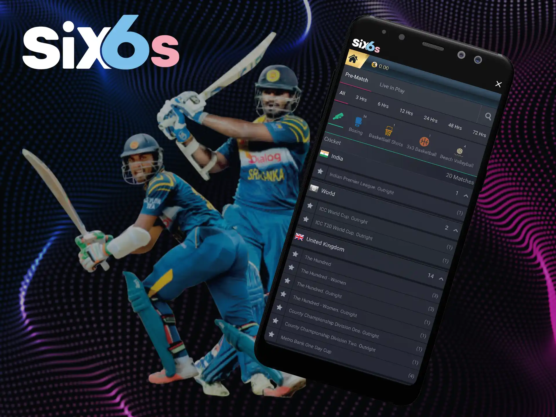 Place favorable bets on various cricket events with Six6s.