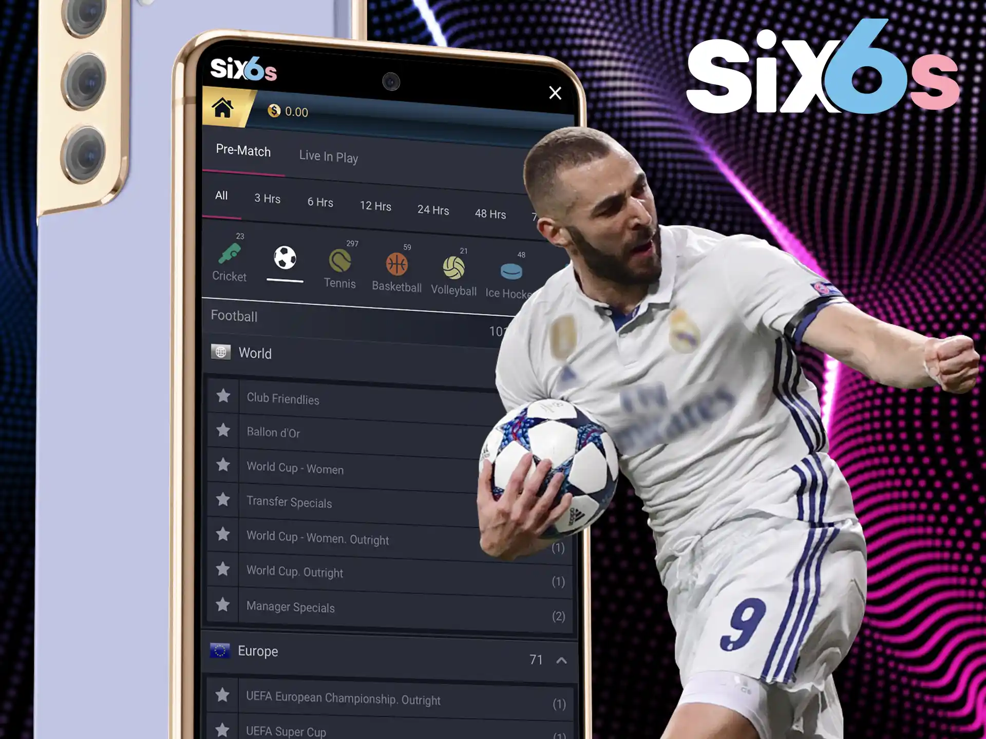 Soccer betting on the Six6s app for a multitude of tournaments.