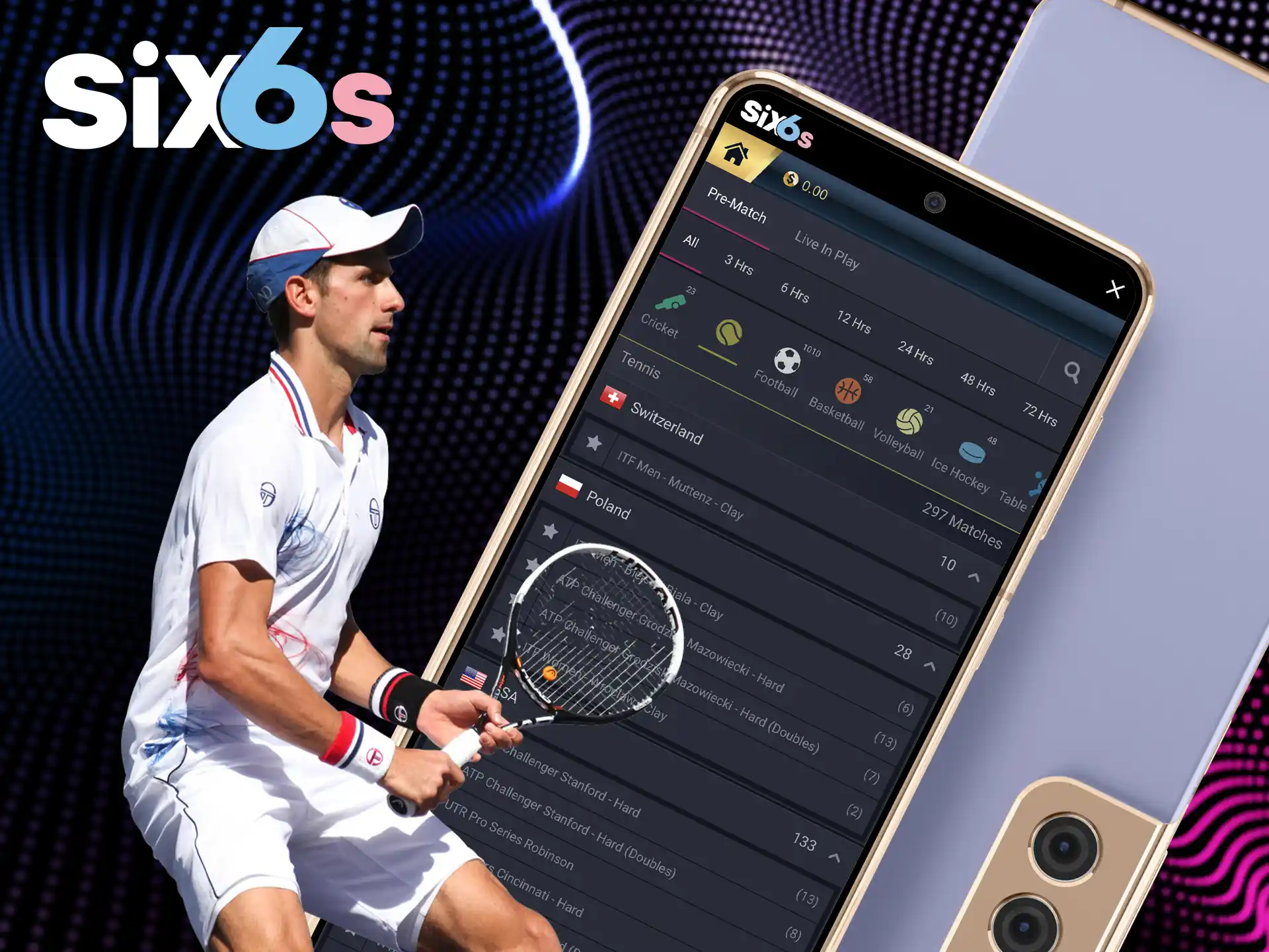 Tennis is the most popular sport for betting on the Six6s app.
