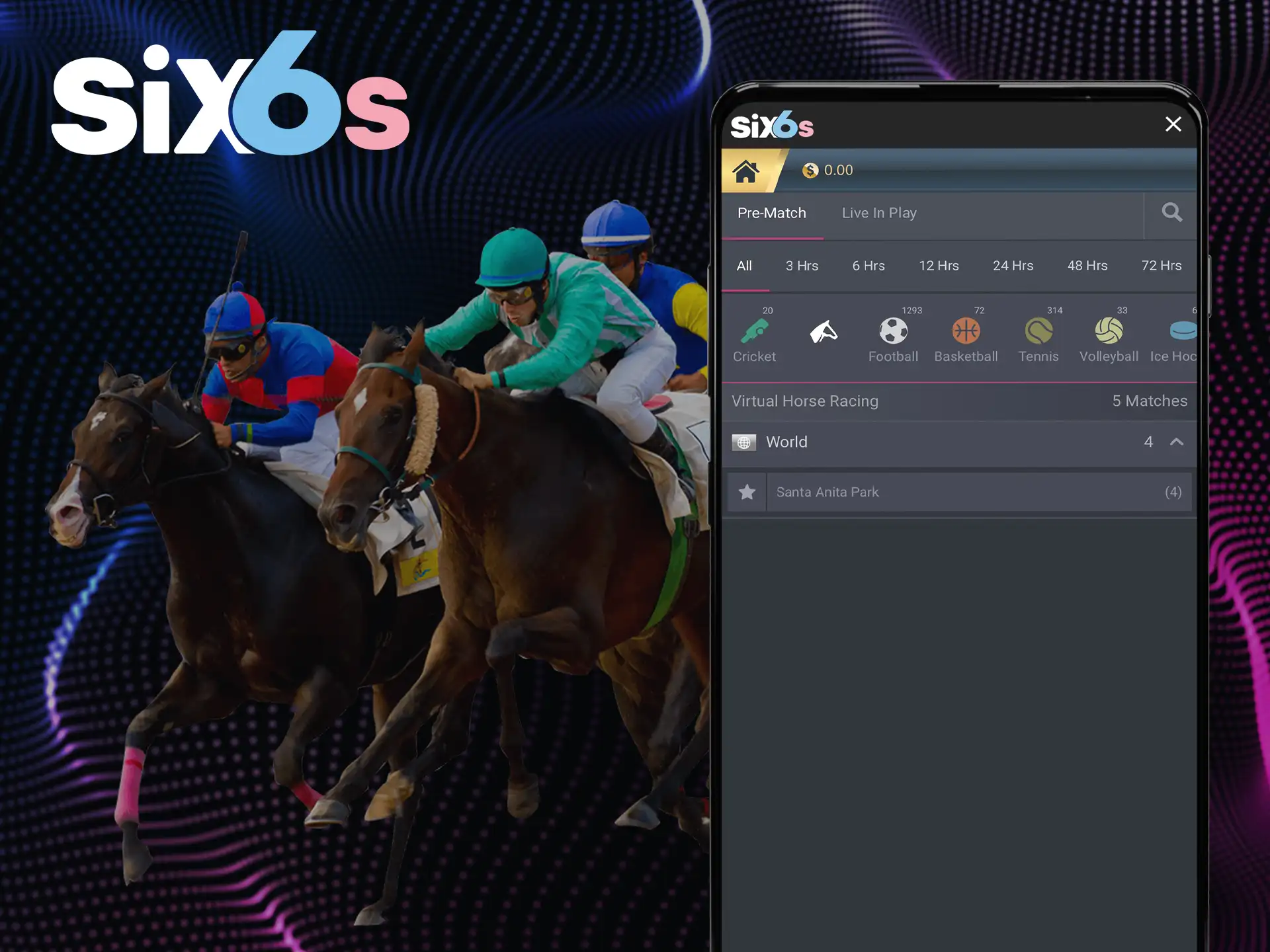 Place bets with Six6s on specific sports like horse racing.