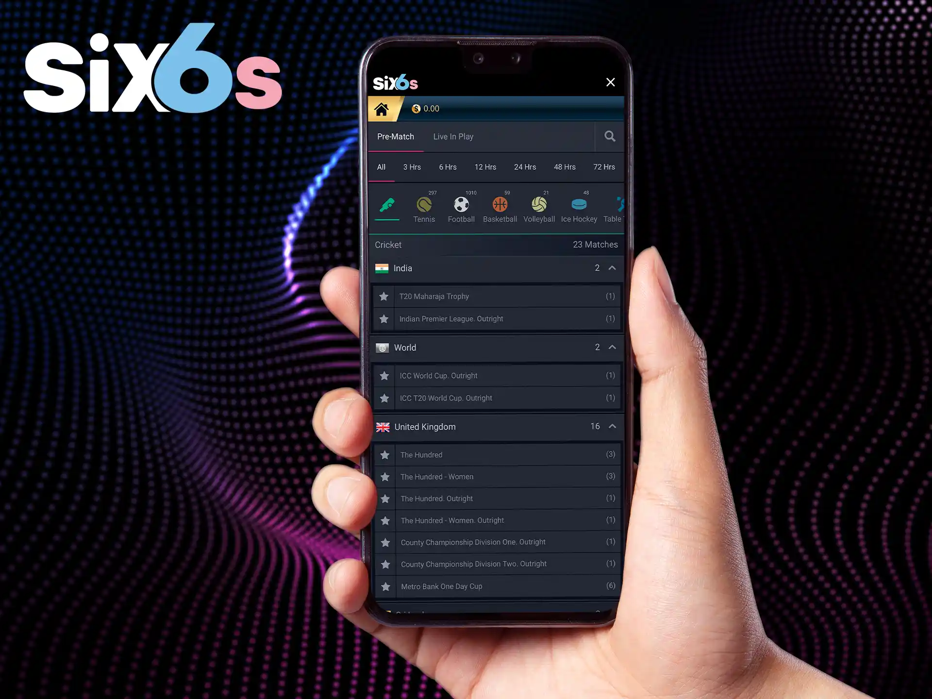 Six6s online sportsbook offers high odds cricket betting with a mobile app.