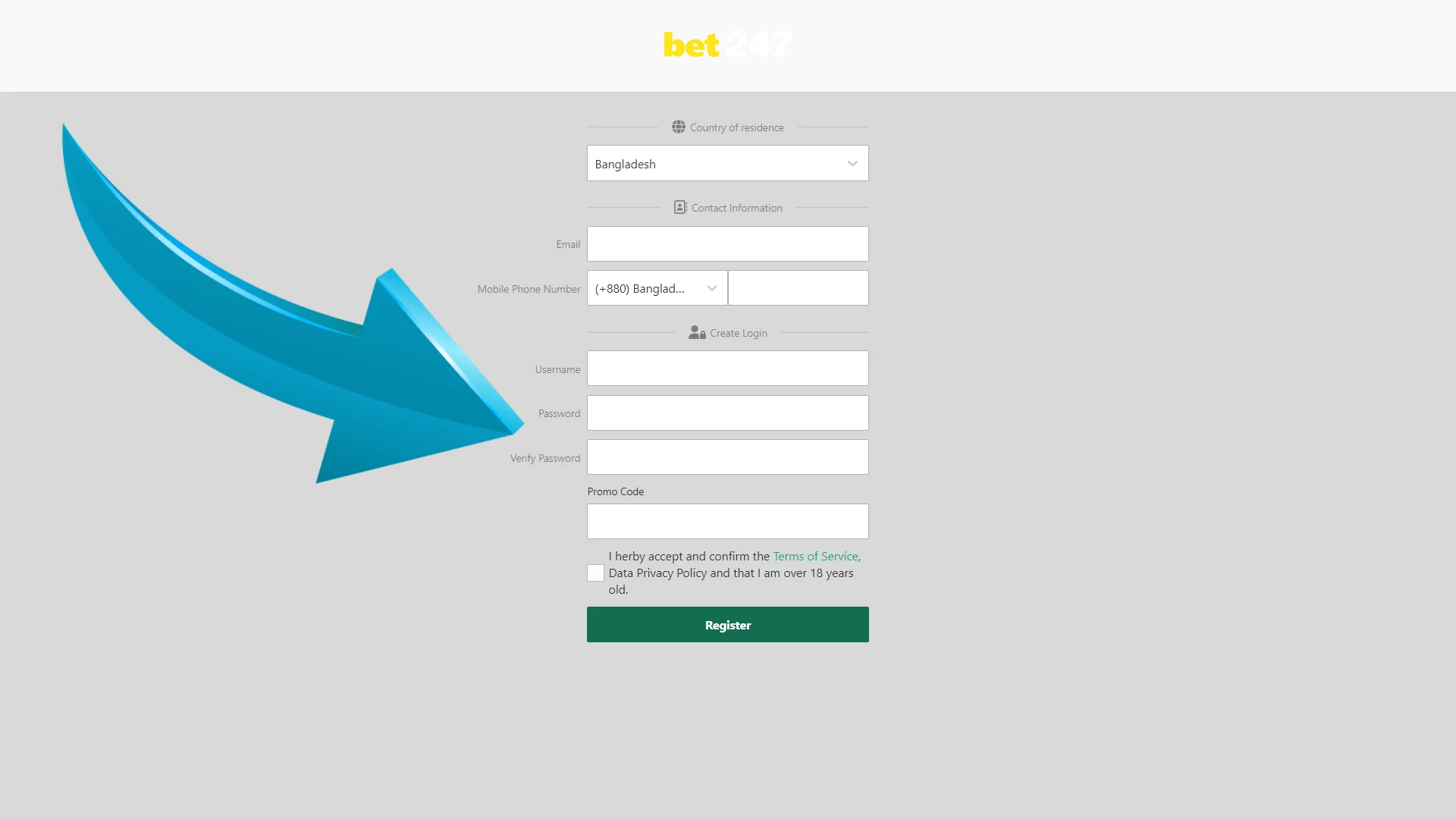 Fill in your Bet247 account details.