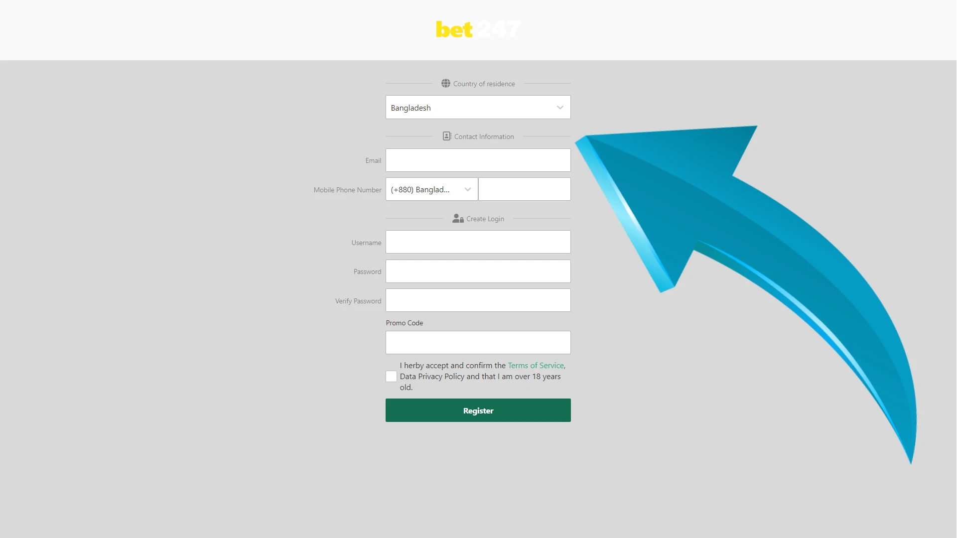 Enter your contact information for Bet247.