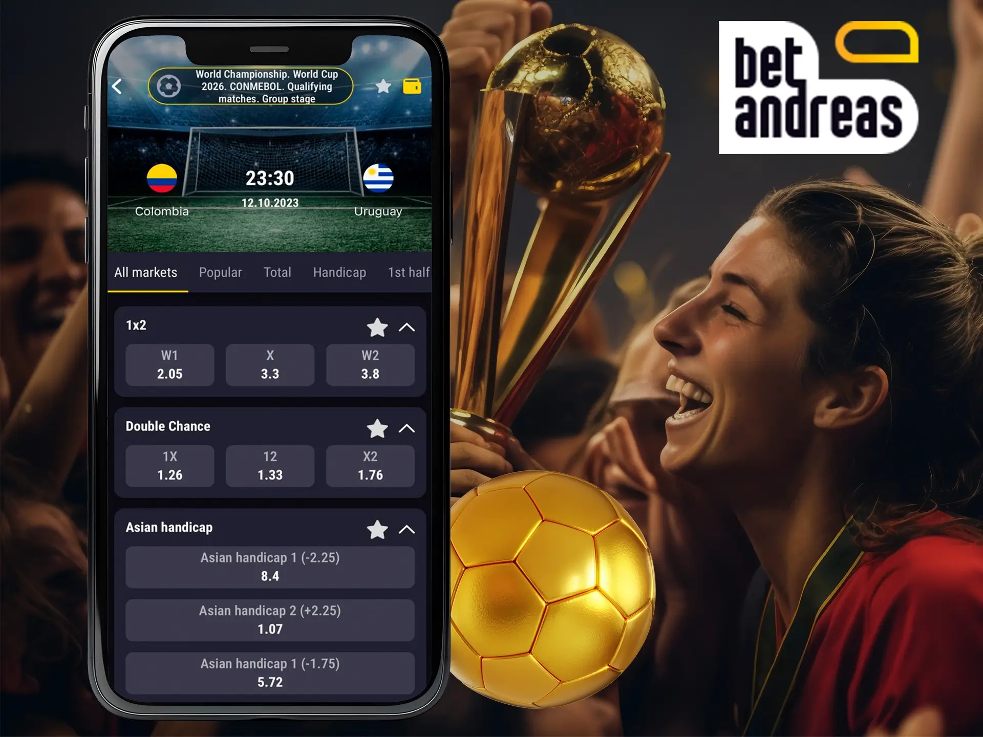 In the BetAndreas app you will find many popular football championships and place your bets.