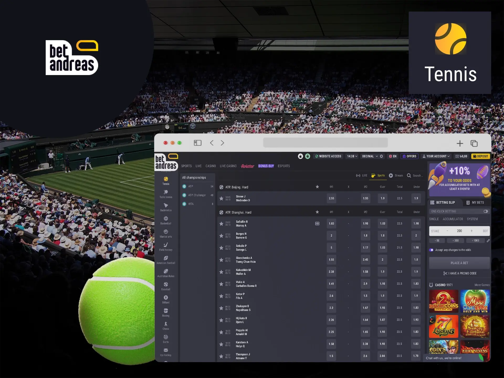 Games with some of the biggest names in tennis are featured on BetAndreas.