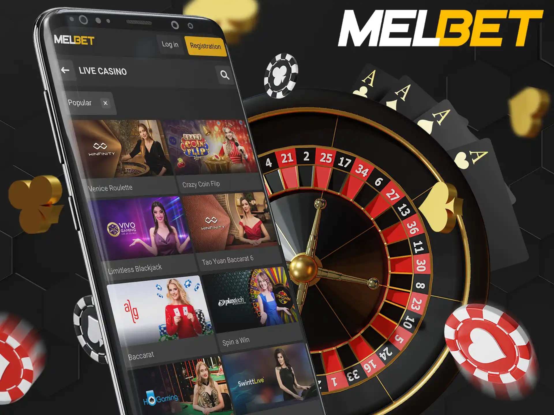 Play Baccarat, Blackjack and Poker at Melbet Live Casino.