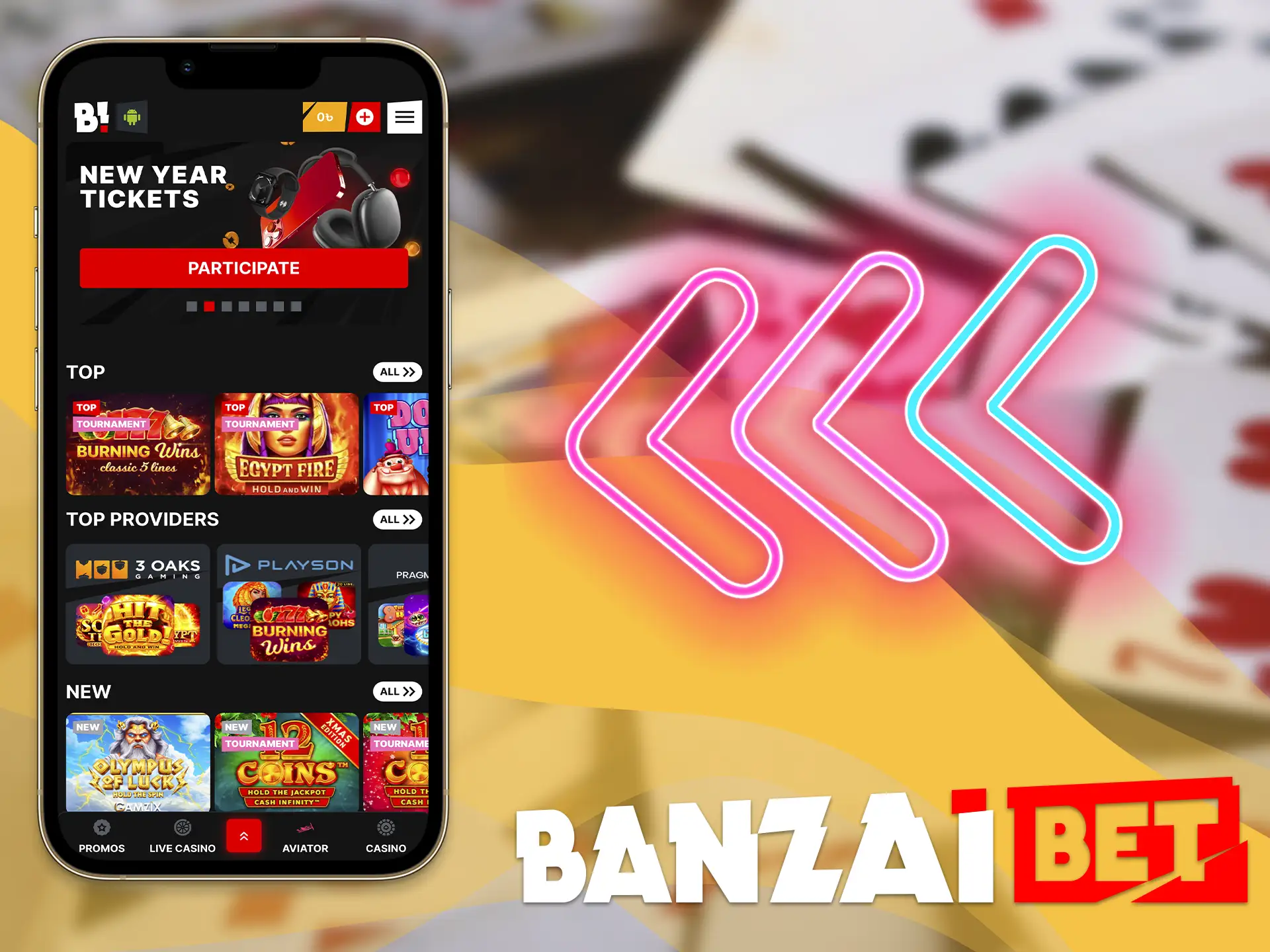Get access to the gambling section after installing the Banzai App on your smartphone.