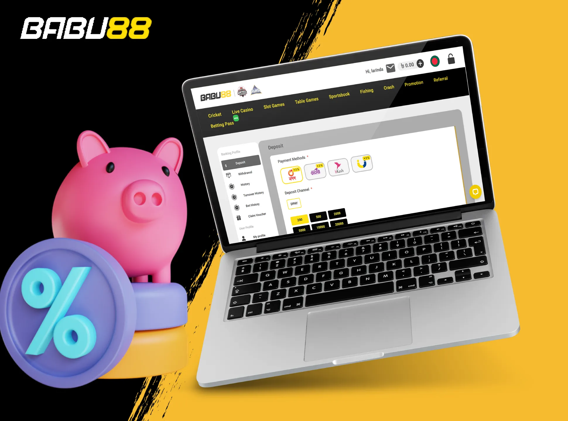 Enter your Babu88 account, go to the deposit page and top up your account.