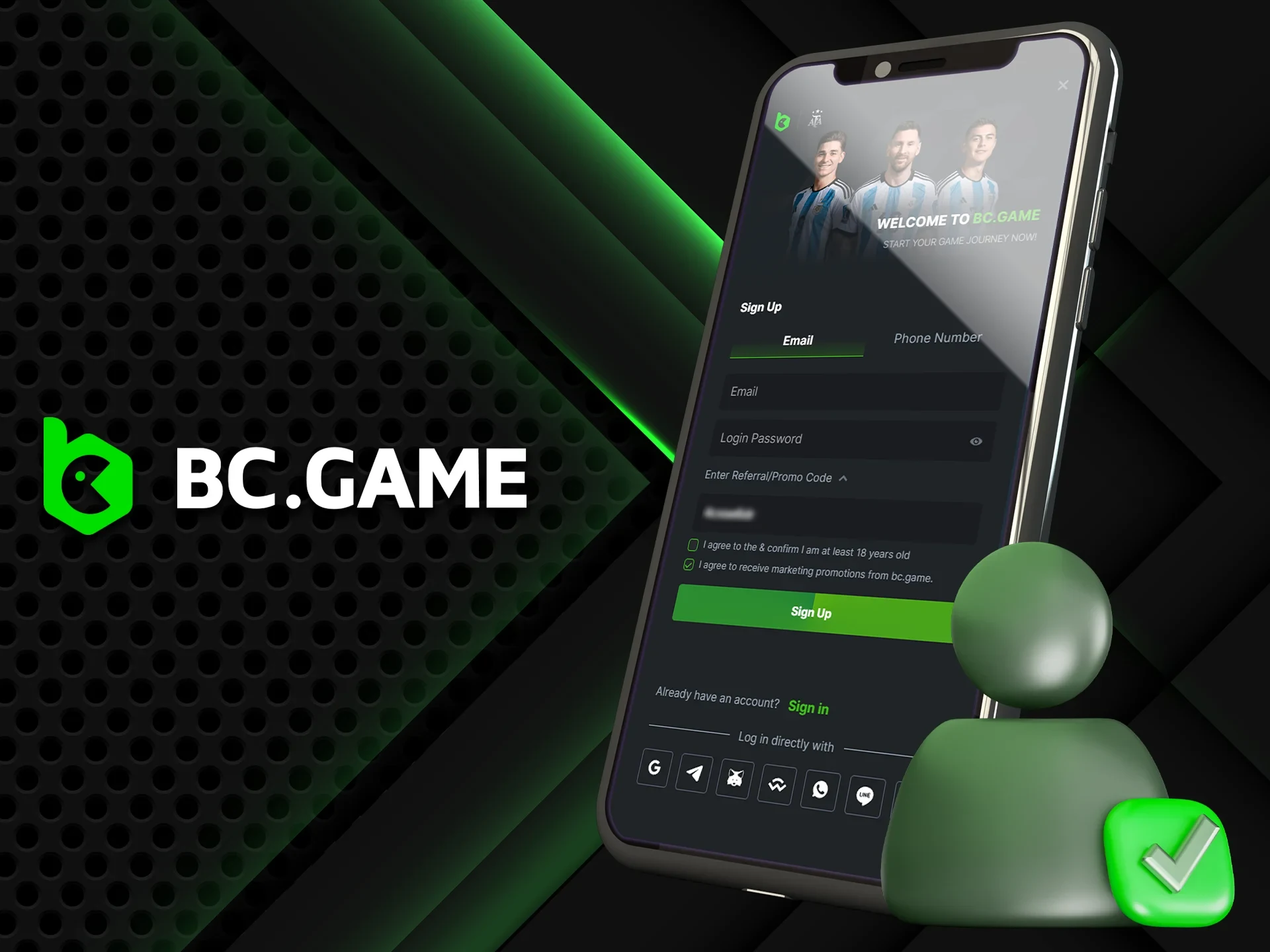 You can sign up for the BC GAME app via email or phone number.