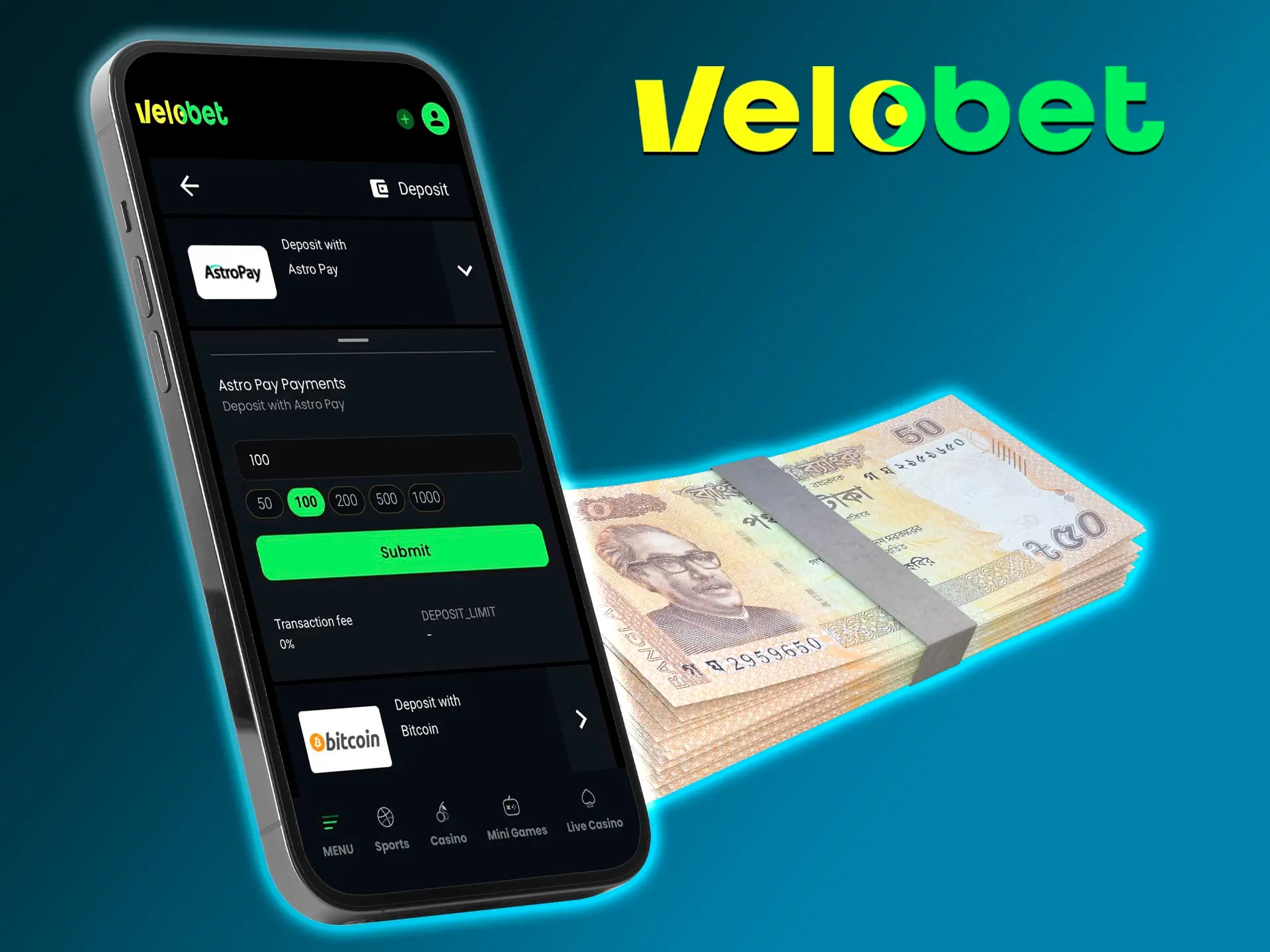 Start your gambling experience at Velobet Casino by making your first deposit.