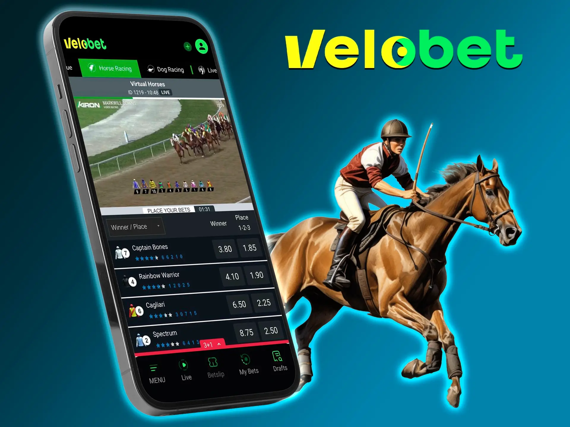 In the Velobet app you can bet on a virtual match while you wait for the real confrontation.