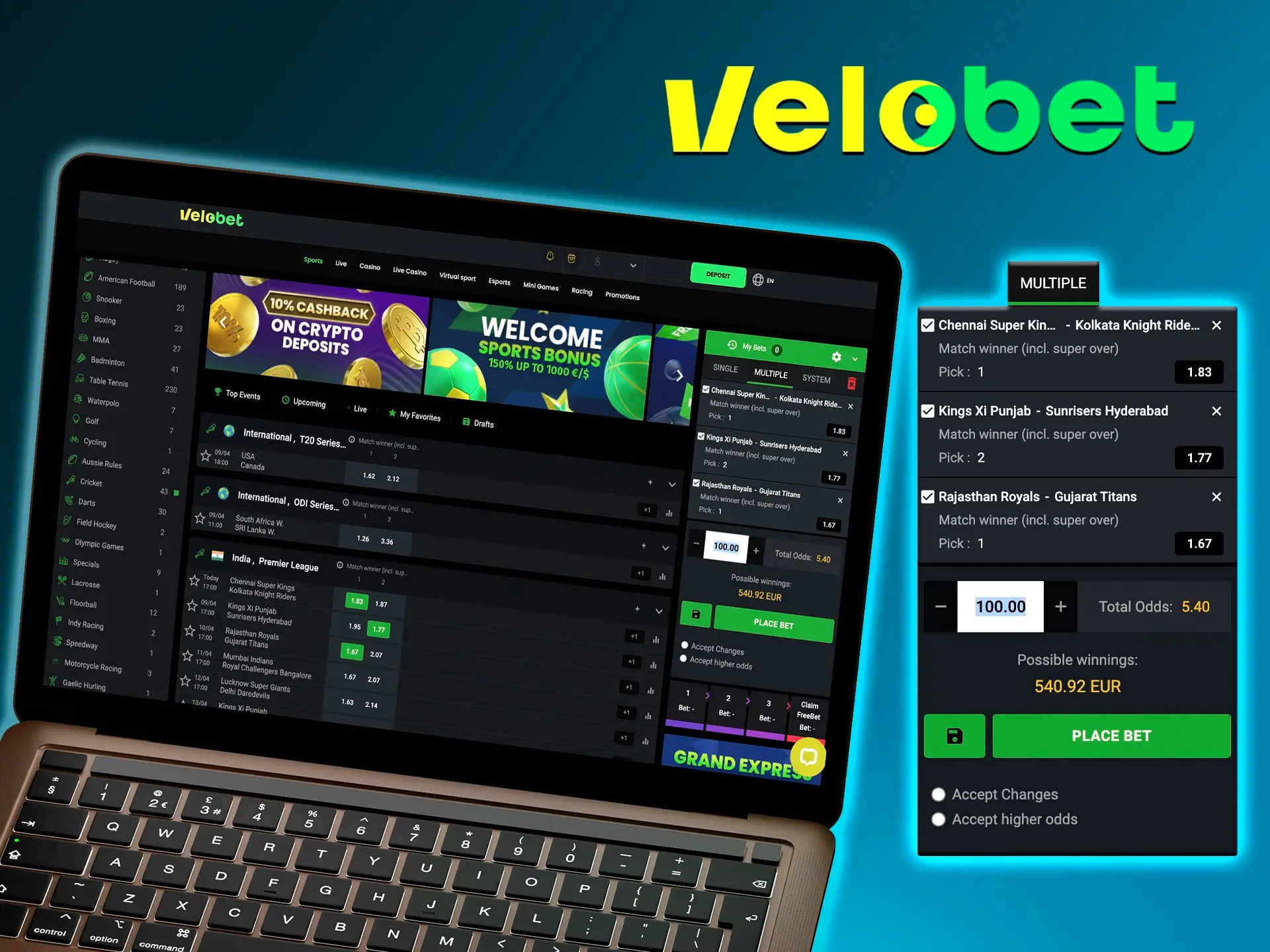 Show your skill when betting on express at Velobet, as it gives the biggest winnings if you win.