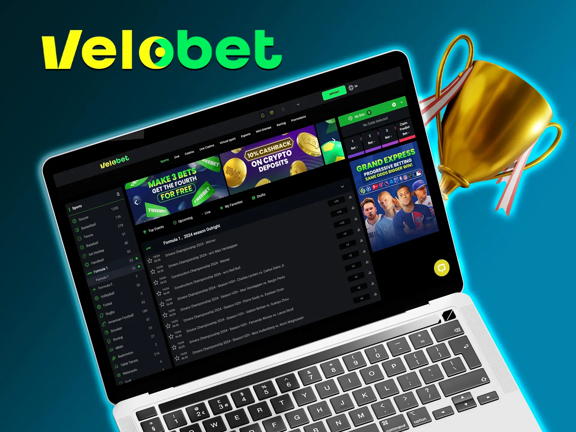 Velobet's extensive list of sports disciplines and bets will please any fan.
