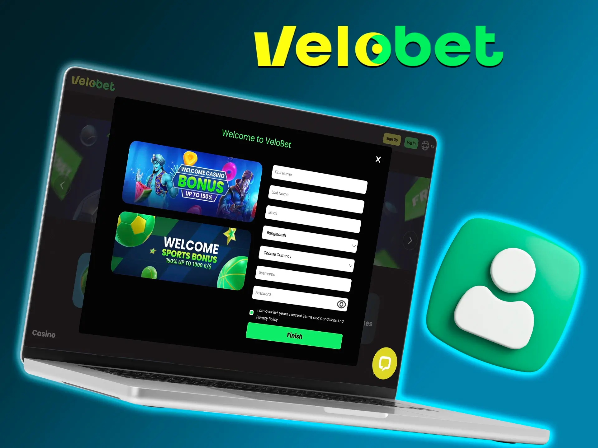 Perform a simple registration at Velobet Casino that any user can handle.